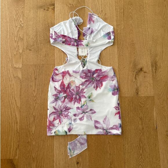 Outcast Exclusives Mini Dress Floral Cut Out Miami Size S White Pink - Picture 3 of 5